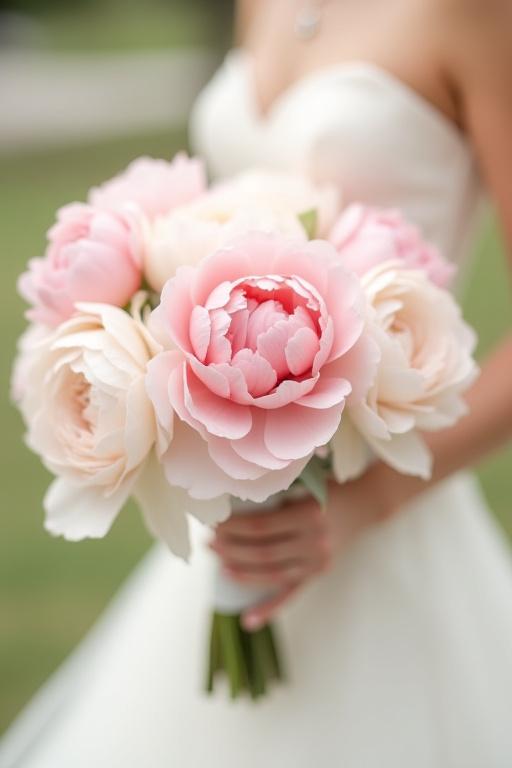 Un romantico bouquet da sposa con peonie rosa e bianche.