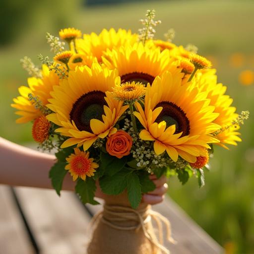 Un vivace bouquet di girasoli e fiori di campo.