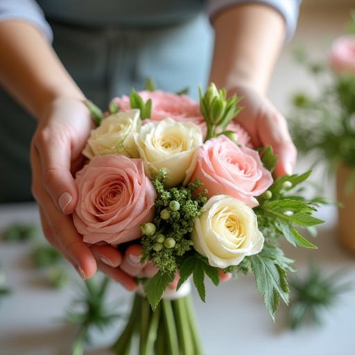 Primo piano di un fiorista che compone un bouquet personalizzato.