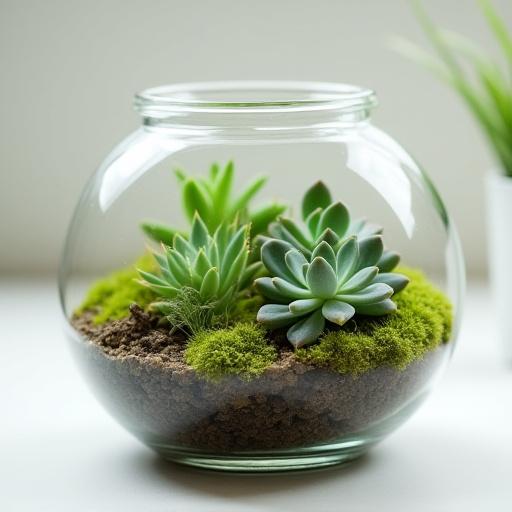 Un terrario in vetro con piante grasse e muschio.
